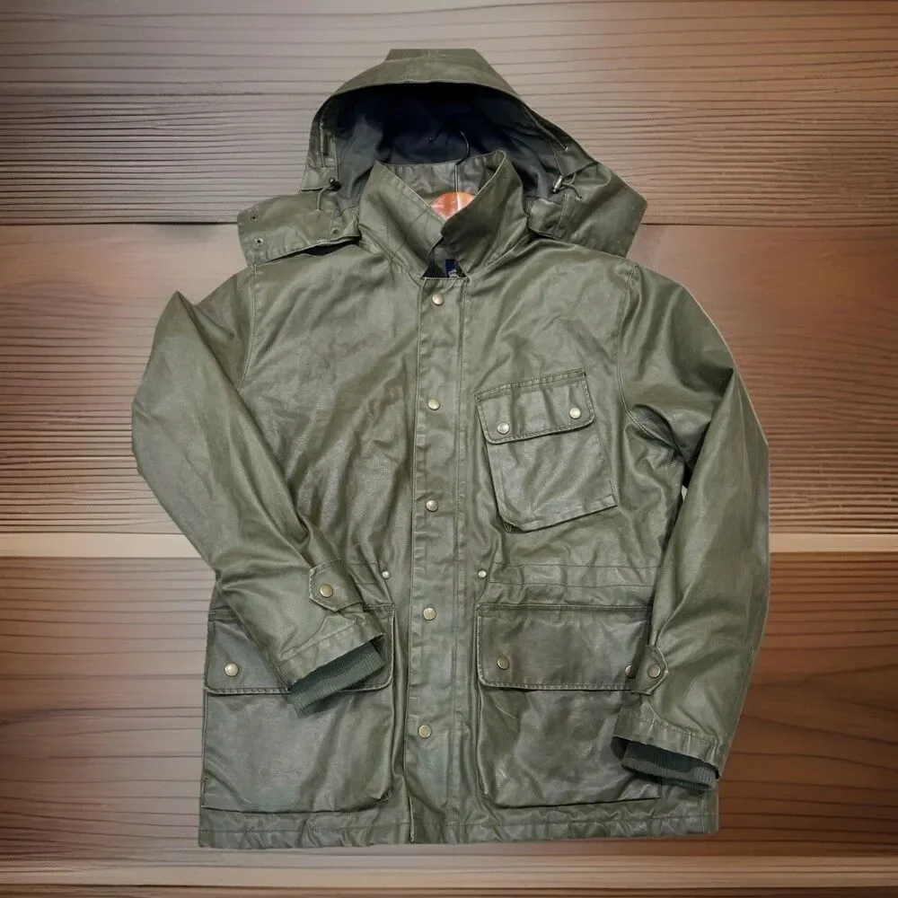 J.Crew Men L Waxed Cotton Field Jacket Olive Quilted Hooded A8942 Military Work